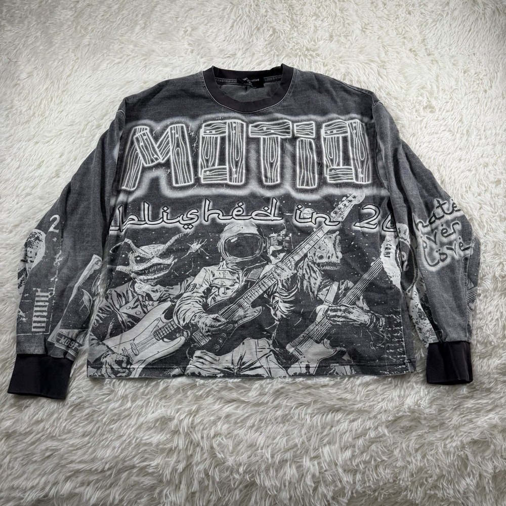 Mixed‎ Emotion AOP Sweater Women's Large Gray Astro Graphic Long Sleeve Pullover